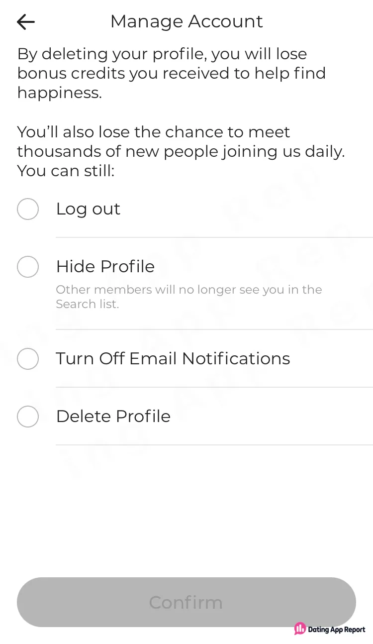 Manage Account warns deleting your profile loses bonus credits; options include log out, hide profile, turn off emails, delete.
