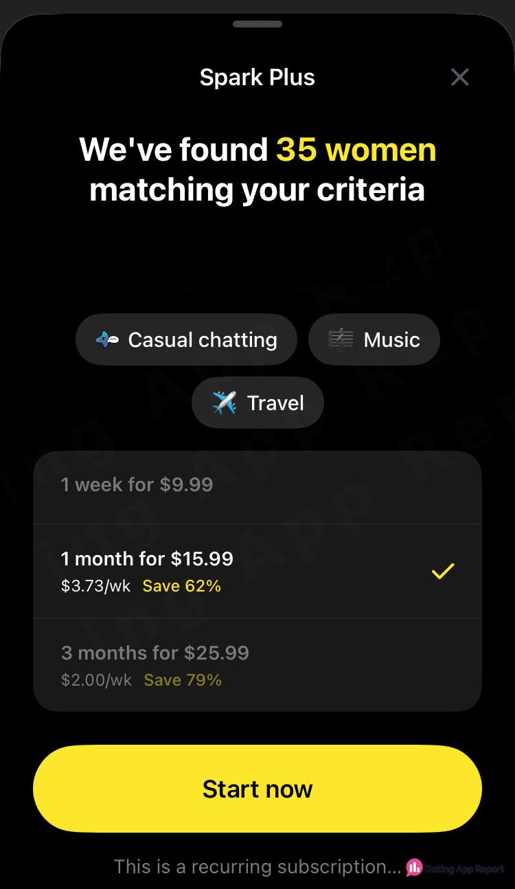 Spark Plus costs $9.99 a week, $15.99 a month (preselected), or $25.99 for three months, as a recurring subscription.