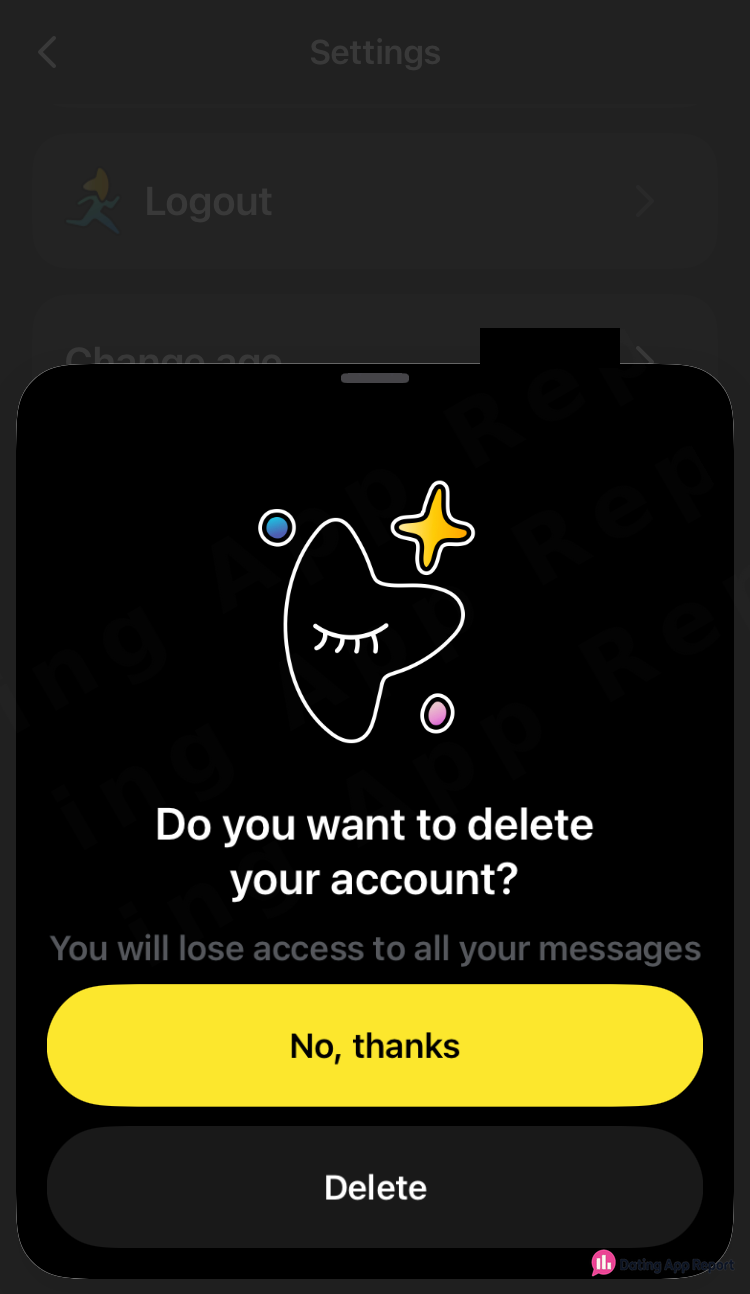 The delete-account prompt warns you'll lose access to all your messages and highlights "No, thanks" over "Delete".
