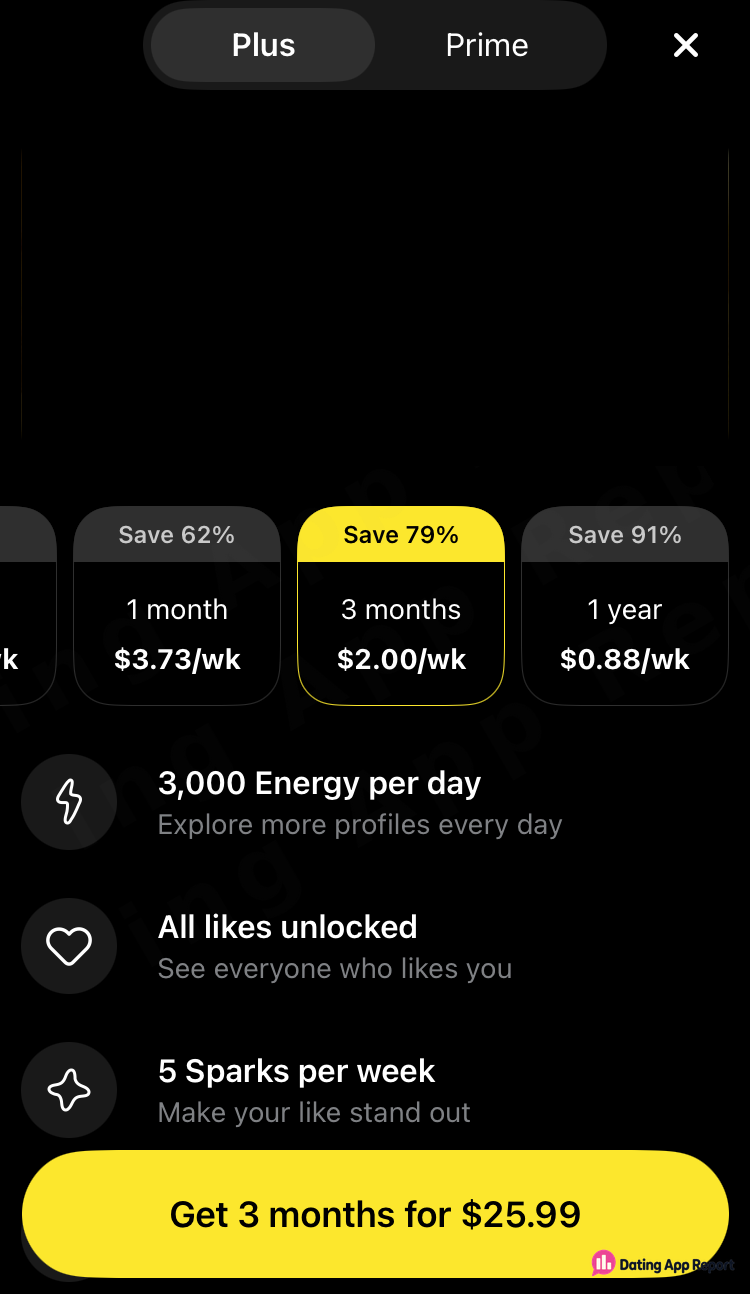 Spark Plus paywall lists 1 month at $3.73/wk, 3 months at $2.00/wk (preselected, $25.99 total), and 1 year at $0.88/wk.