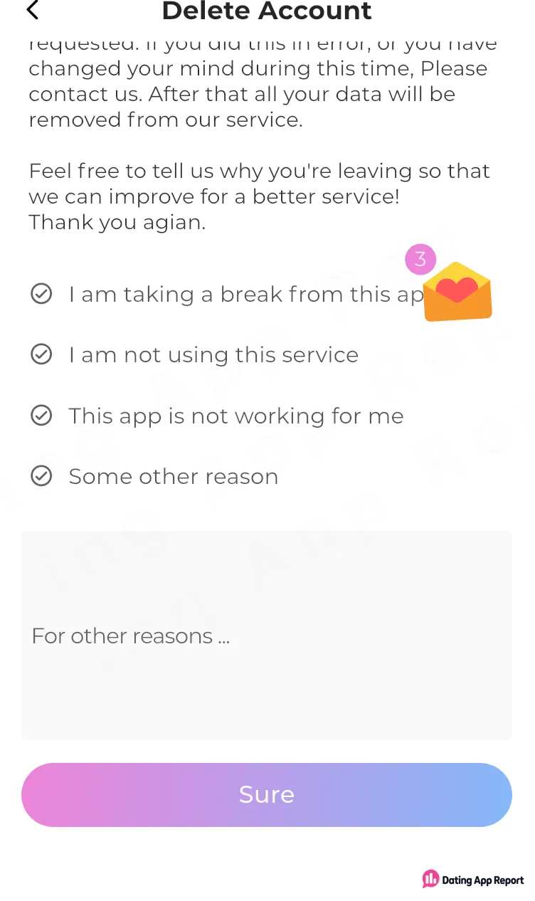 Delete Account screen asking the user to select a reason for leaving.