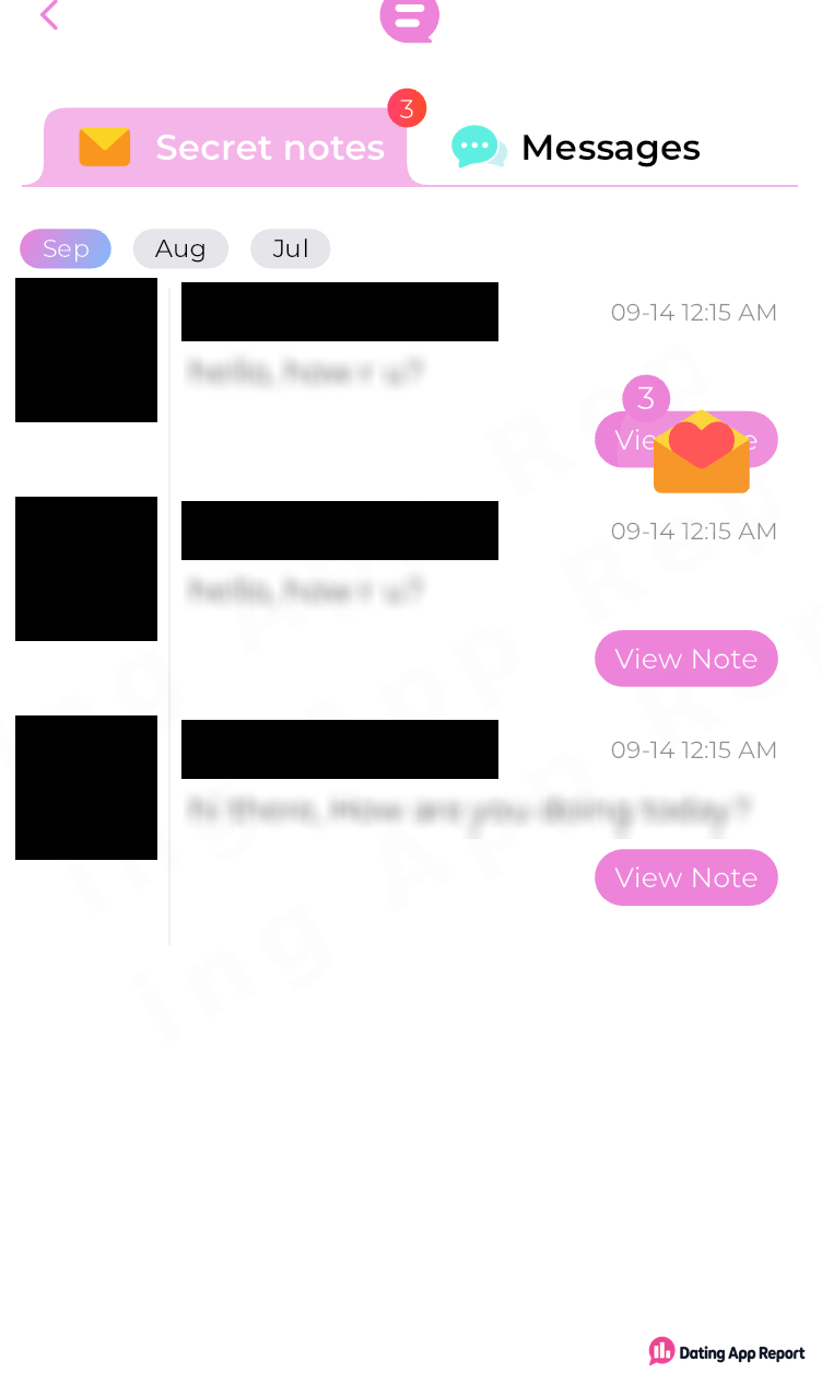 Secret notes tab with three unread notes from redacted senders, blurred greetings, and View Note buttons.