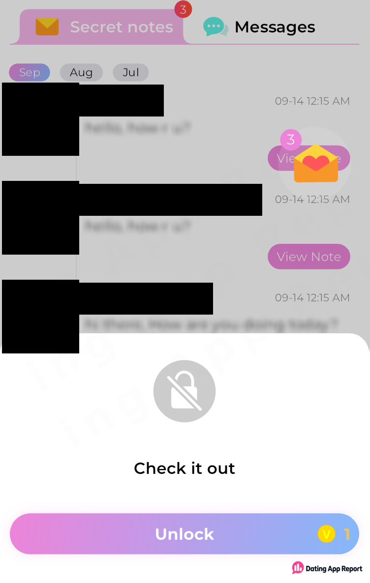 Secret notes screen with an Unlock prompt priced at one coin.
