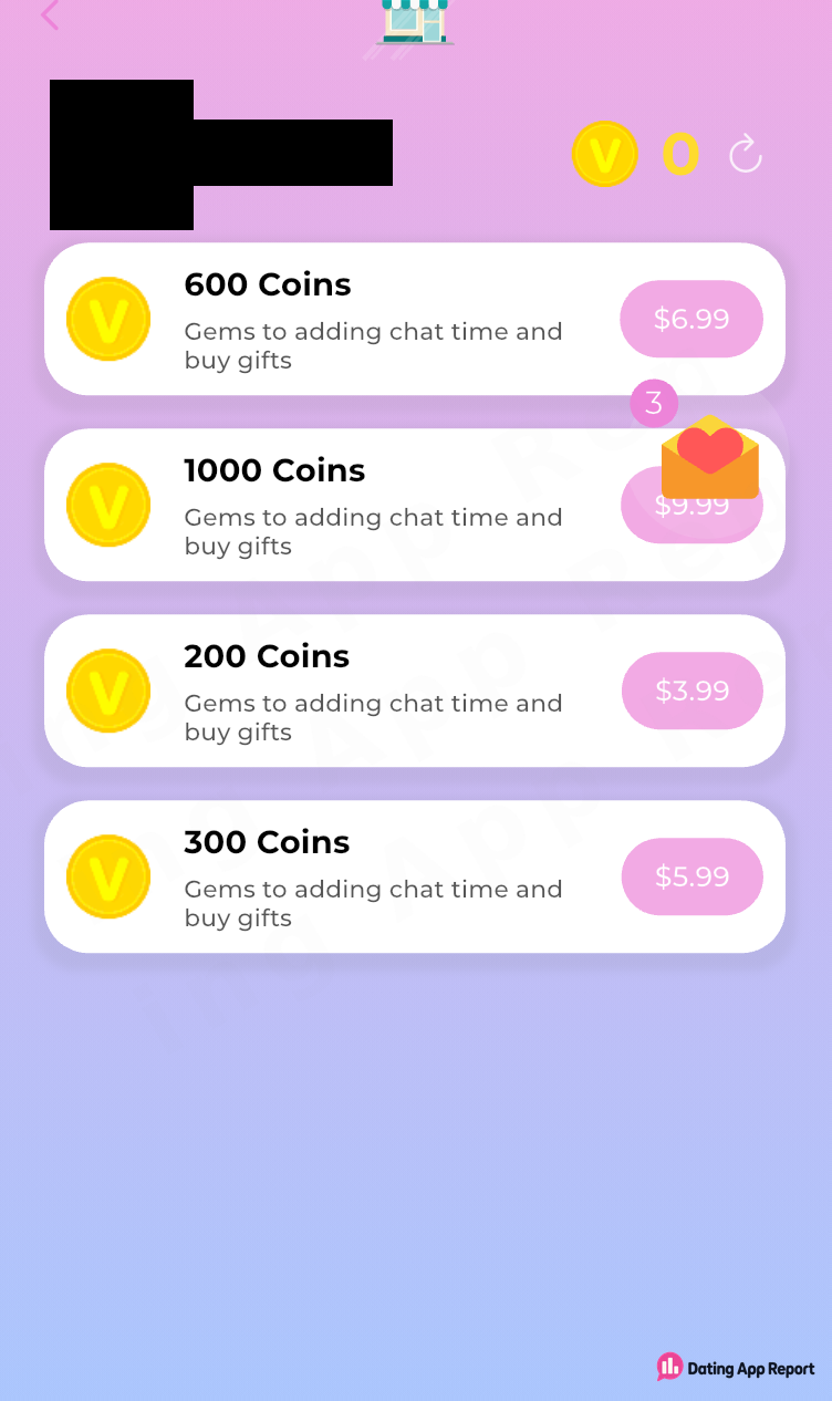 Coin store with 200 coins for $3.99, 300 for $5.99, 600 for $6.99; 1000-coin price partly covered; redacted heading.