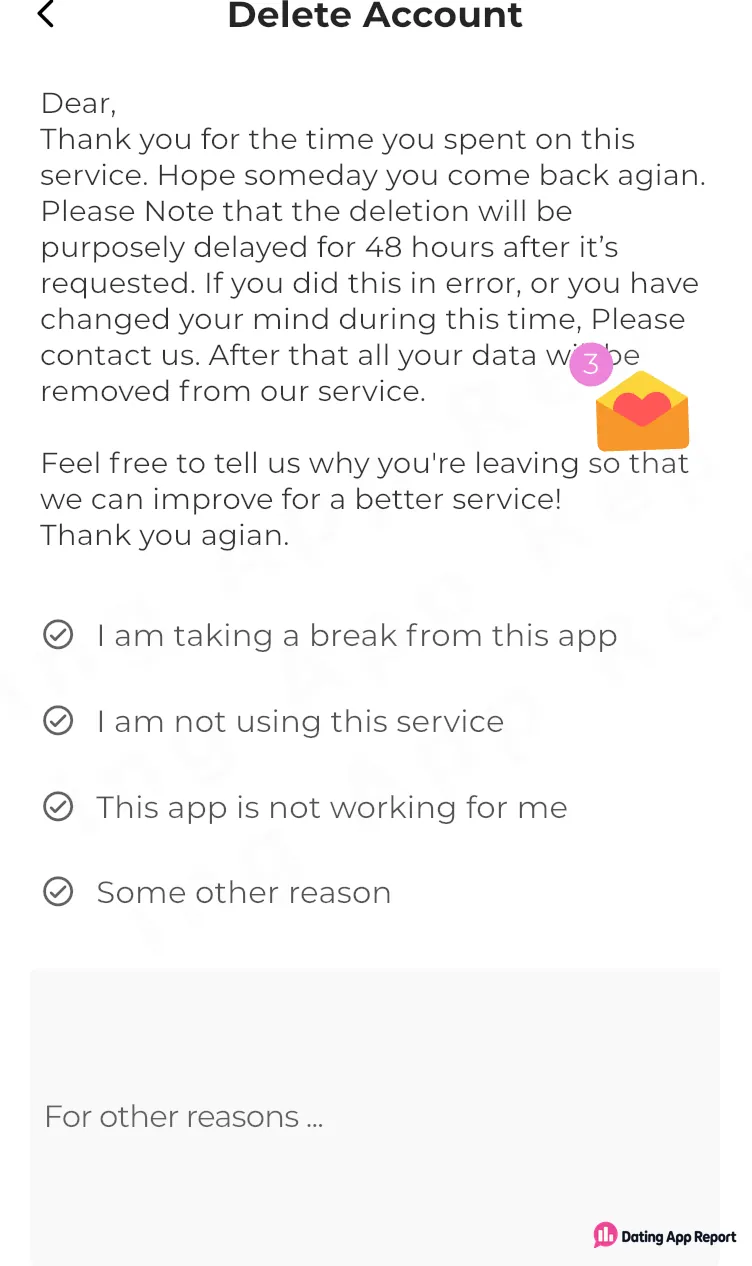 Delete Account screen stating that deletion is delayed for 48 hours after a request.