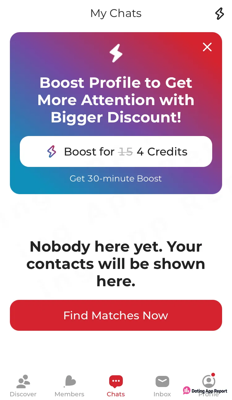 My Chats screen offers a 30-minute profile Boost for 4 credits instead of 15; the chat list is empty.
