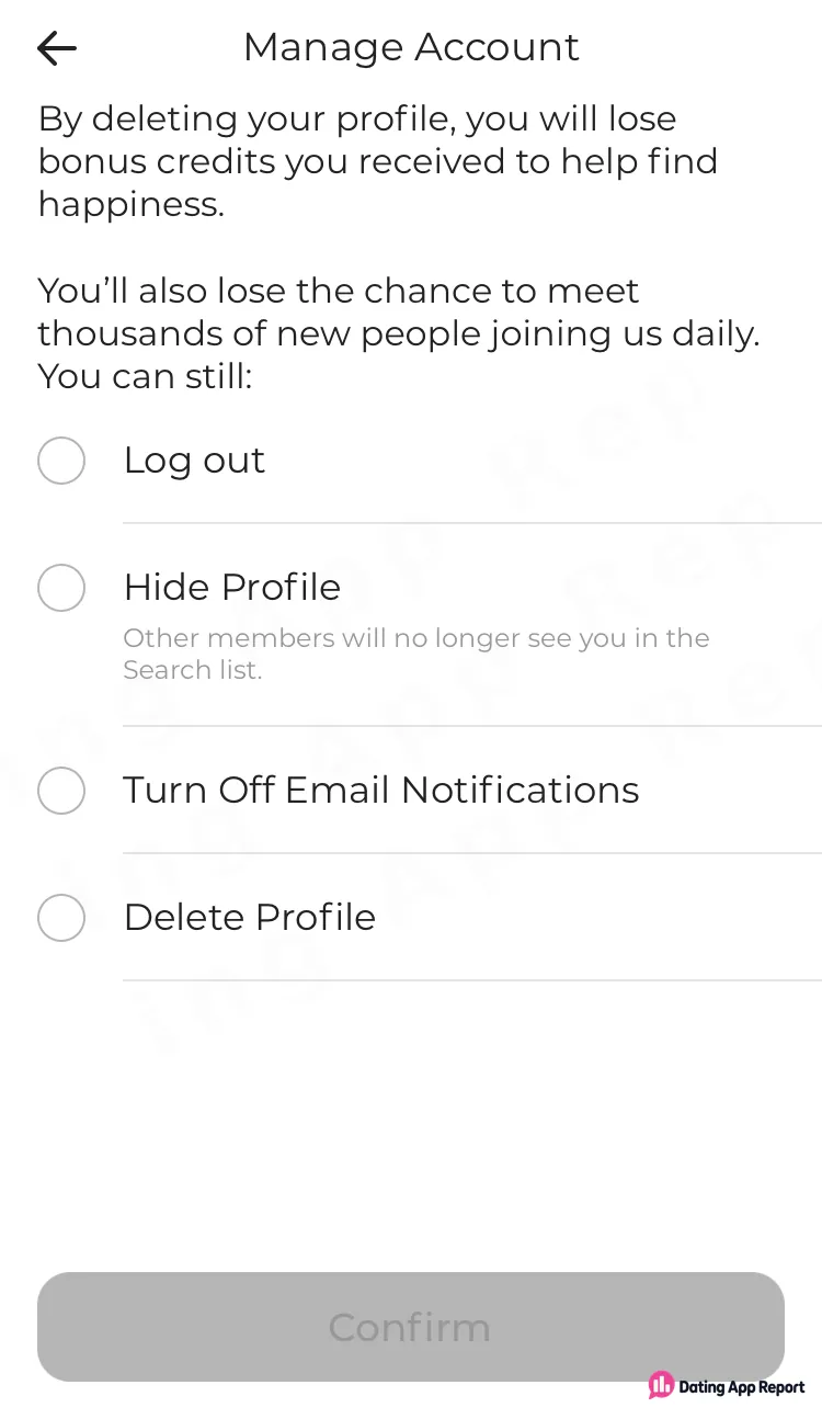 Manage Account screen warns that deleting loses bonus credits, then lists Log out, Hide Profile, email notifications and Delete Profile.