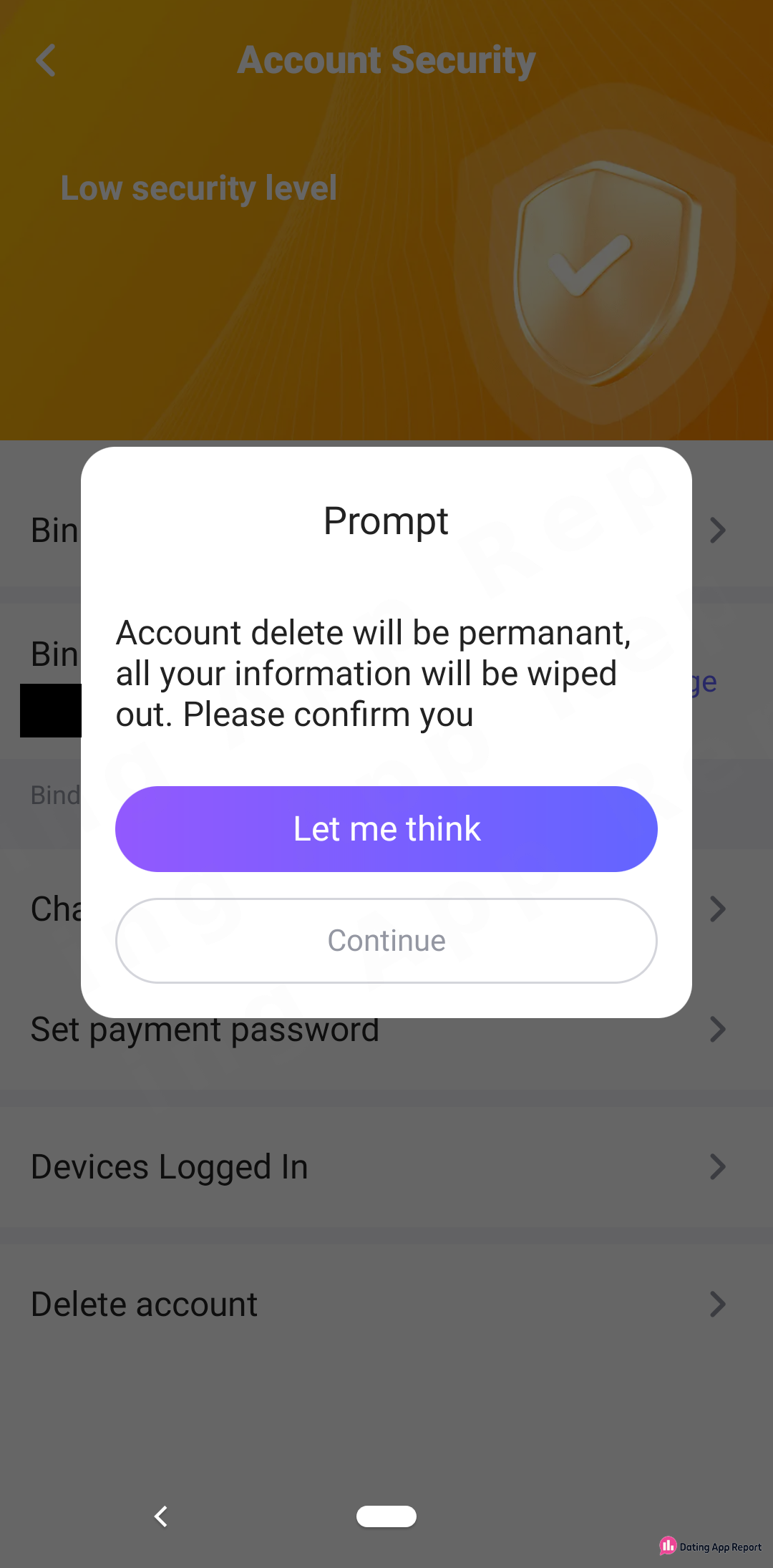 Account Security screen with a delete prompt warning deletion is permanent, offering "Let me think" or "Continue."