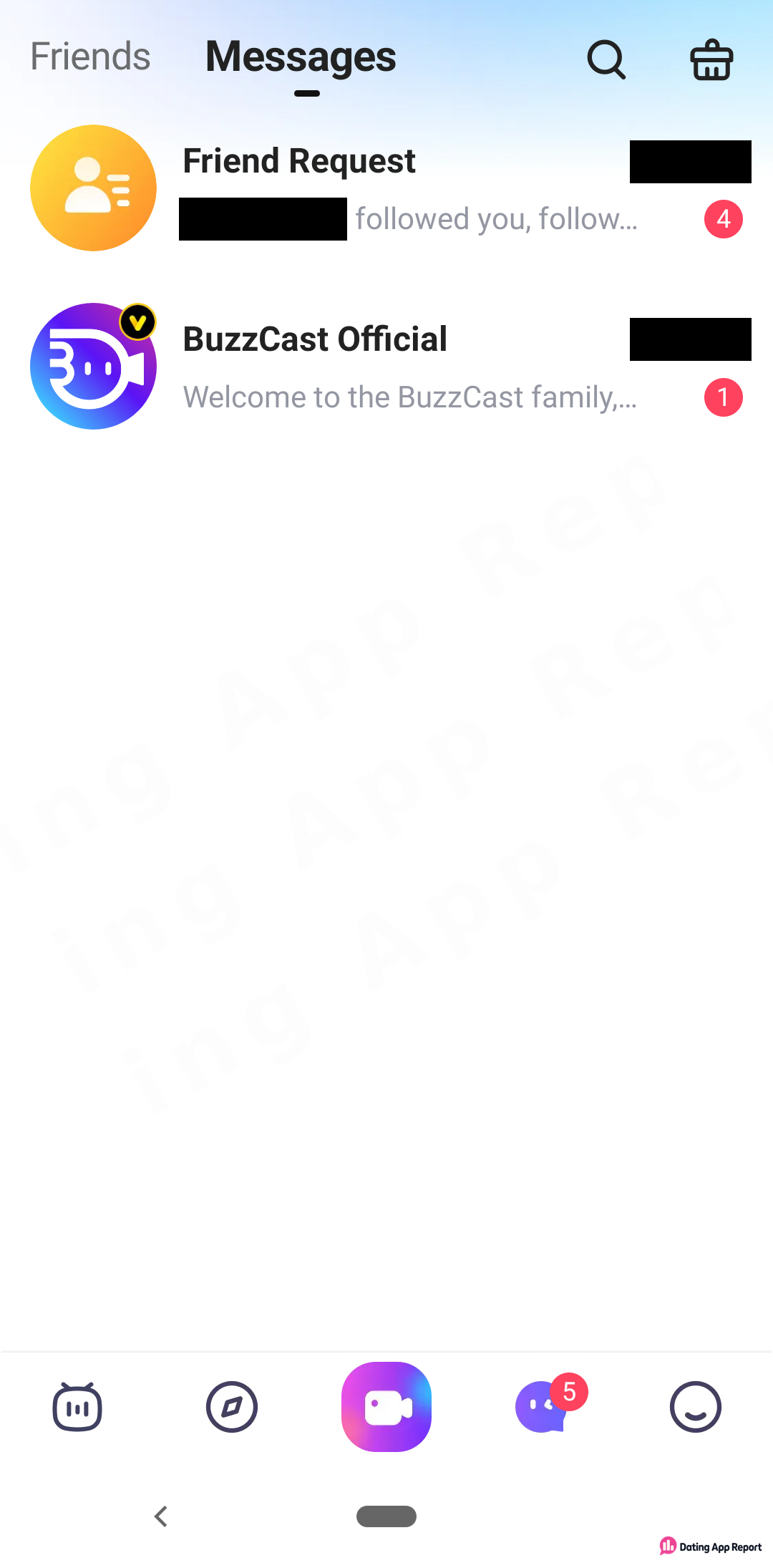 BuzzCast Messages tab lists a Friend Request row with 4 unread follows and a BuzzCast Official welcome message.