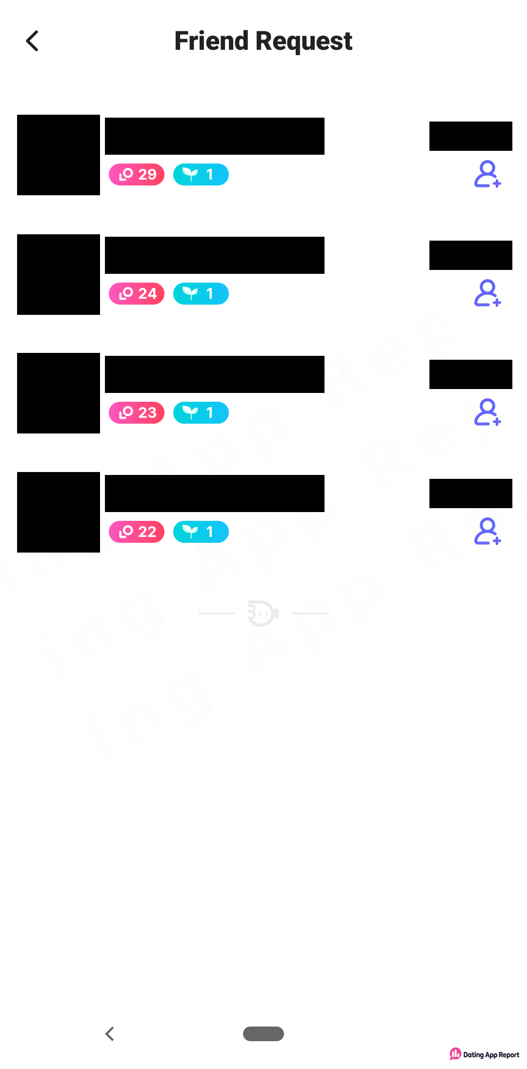 Friend Request list showing four accounts with redacted names and photos, each with a follow-back button.