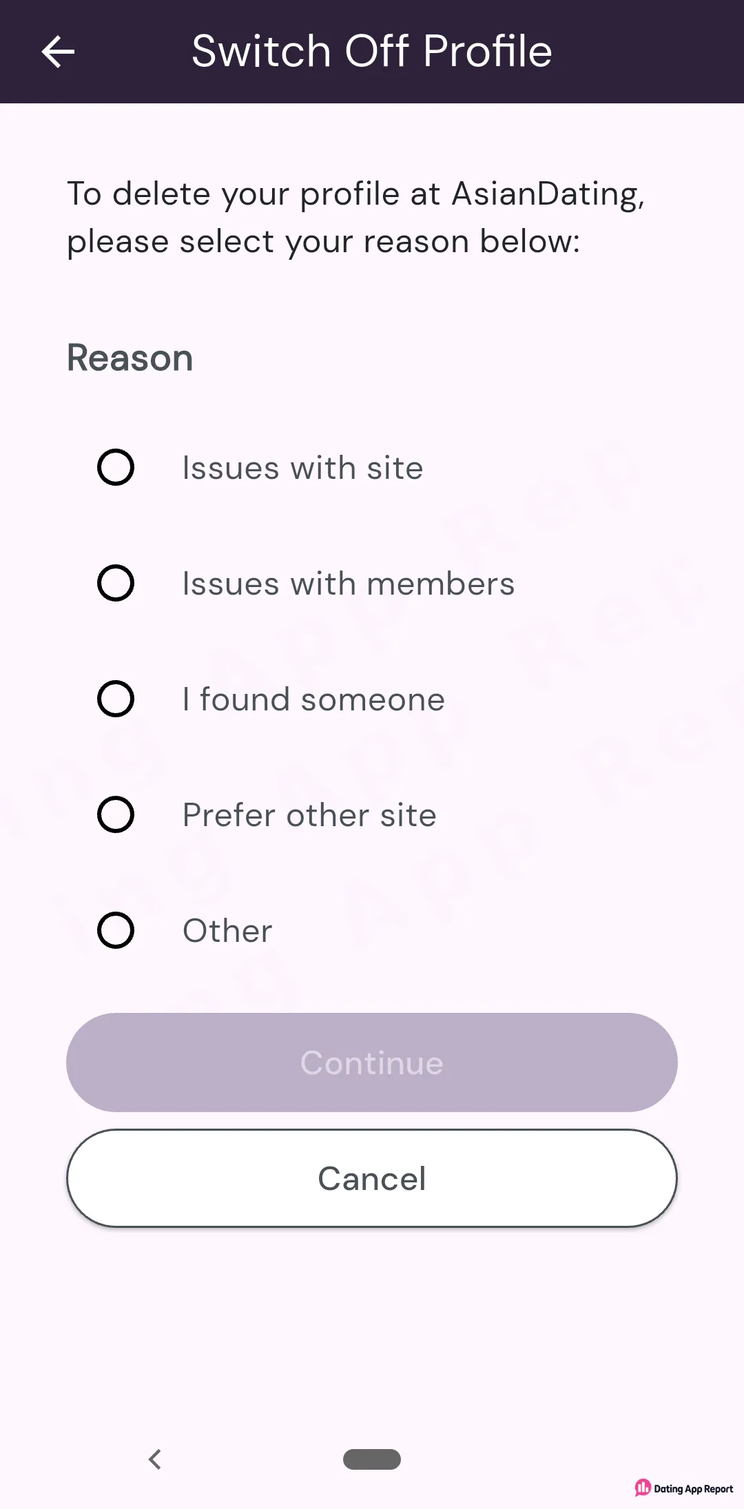 AsianDating's Switch Off Profile screen asks you to pick a reason before deleting your profile, with Continue grayed out.