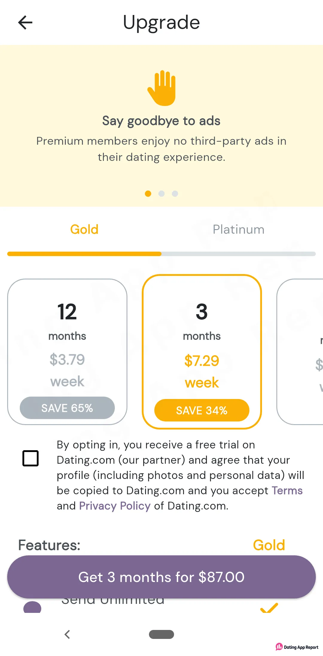 The Gold tab lists 12 months at $3.79 a week and 3 months at $7.29 a week, $87.00 in total.
