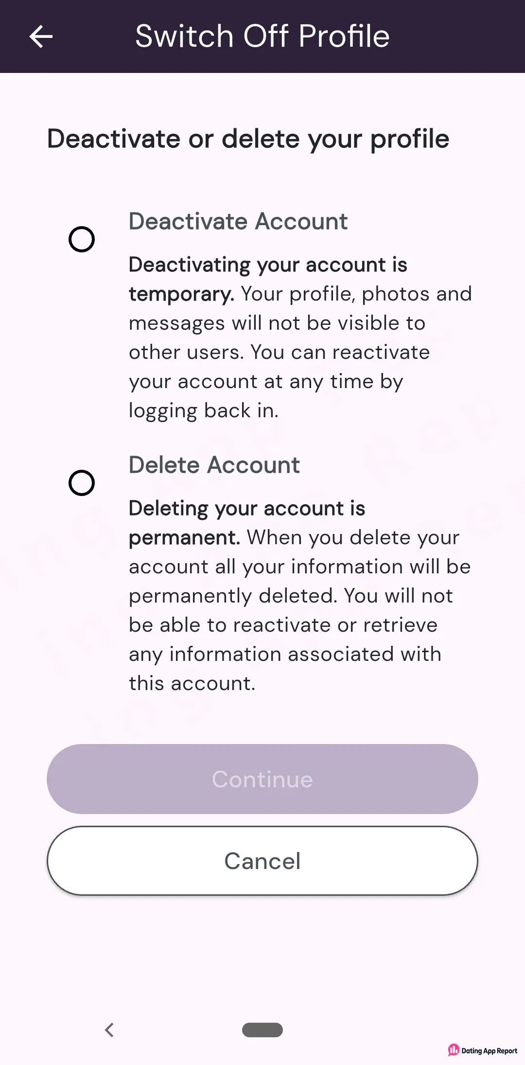 The Switch Off Profile screen offers temporary Deactivate Account or permanent Delete Account, with Continue and Cancel buttons.