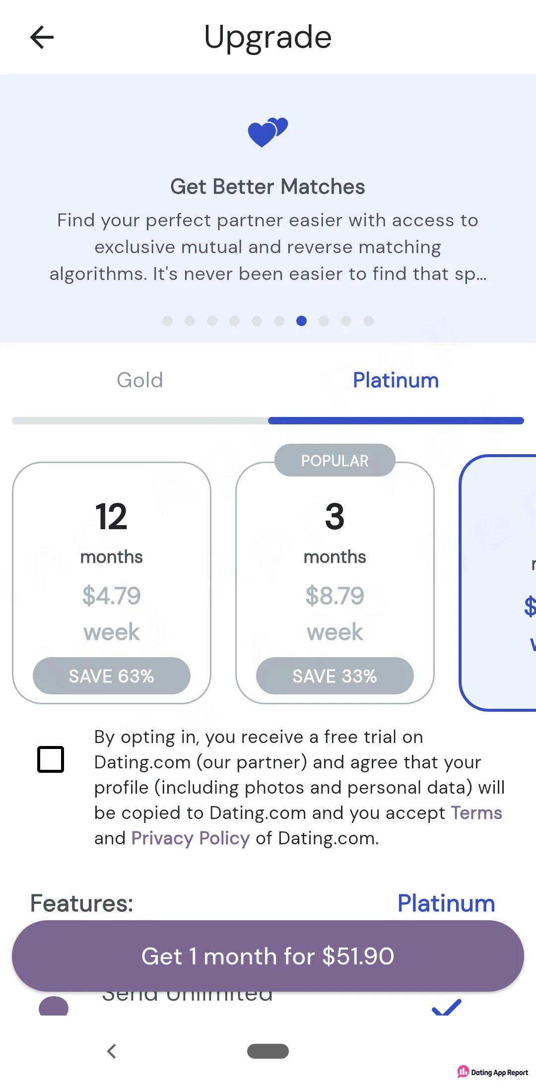Platinum upgrade screen lists 12 months at $4.79/week, 3 months at $8.79/week (popular), and a $51.90 one-month button.