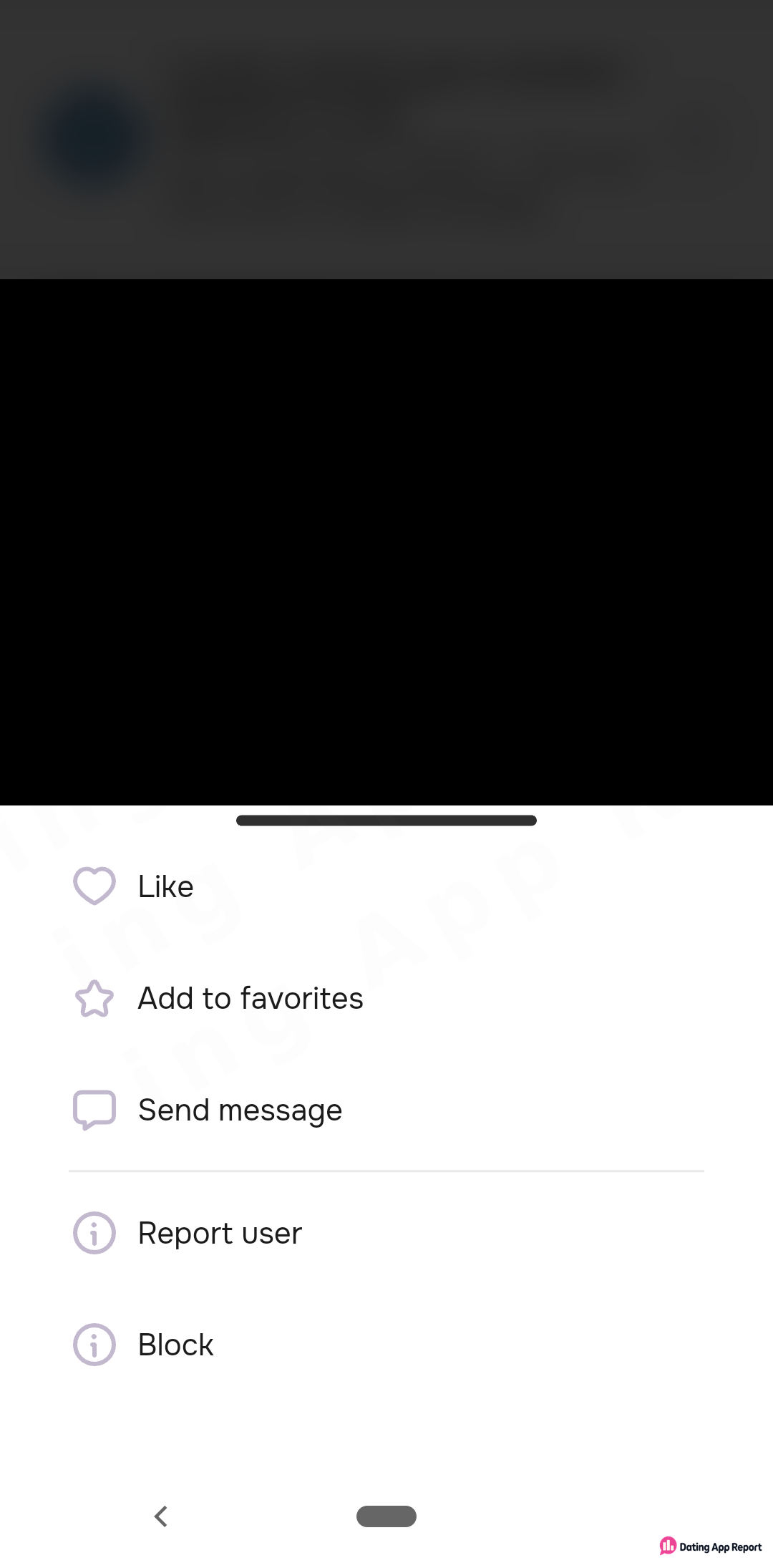 A member's profile menu lists Like, Add to favorites, Send message, Report user and Block; the photo is redacted.