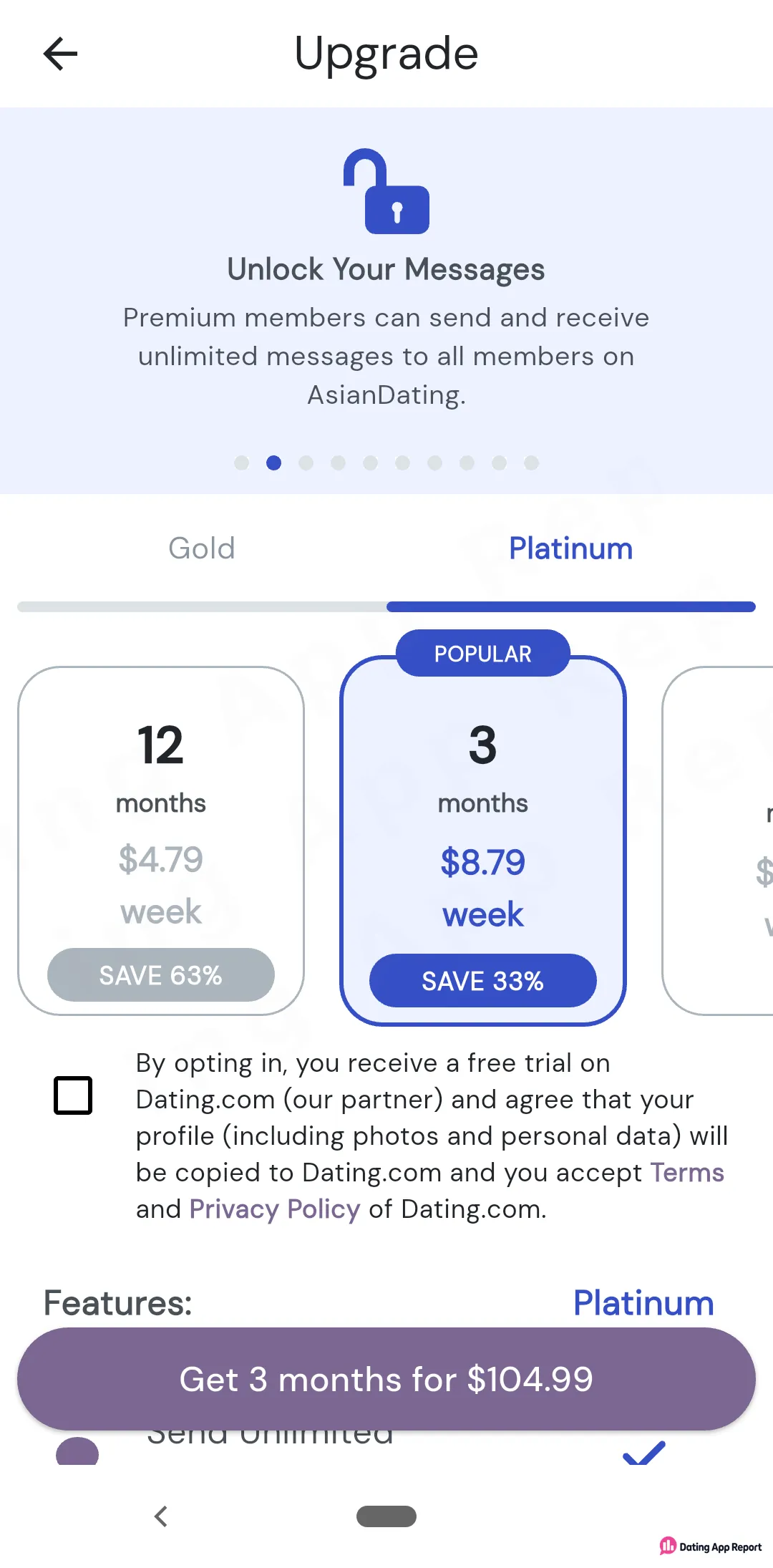 AsianDating Platinum upgrade screen: 12 months at $4.79/week, 3 months at $8.79/week, and an unticked Dating.com profile-copy box.
