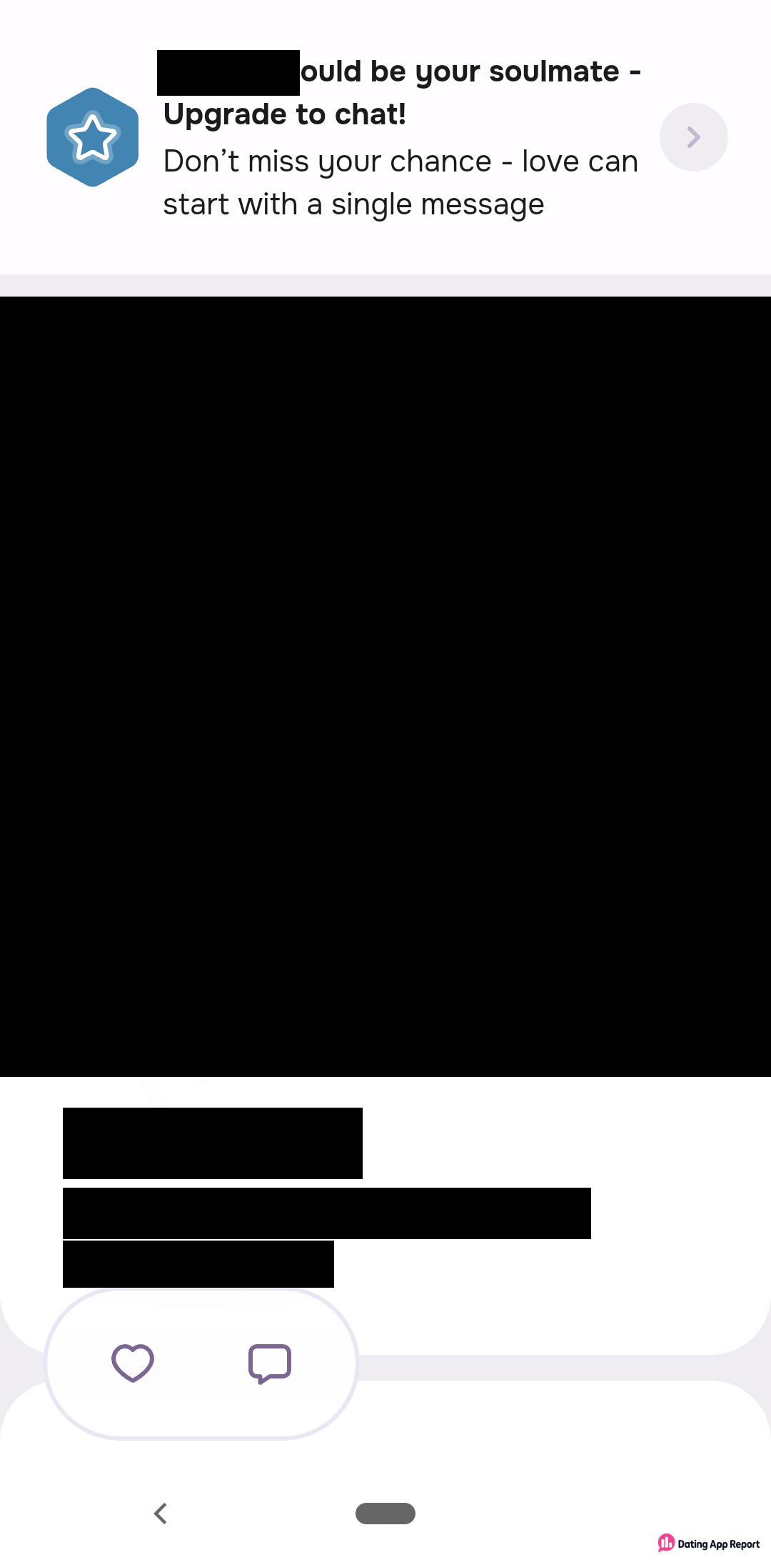 A member's profile with an "Upgrade to chat!" banner above a redacted photo, plus like and message buttons.