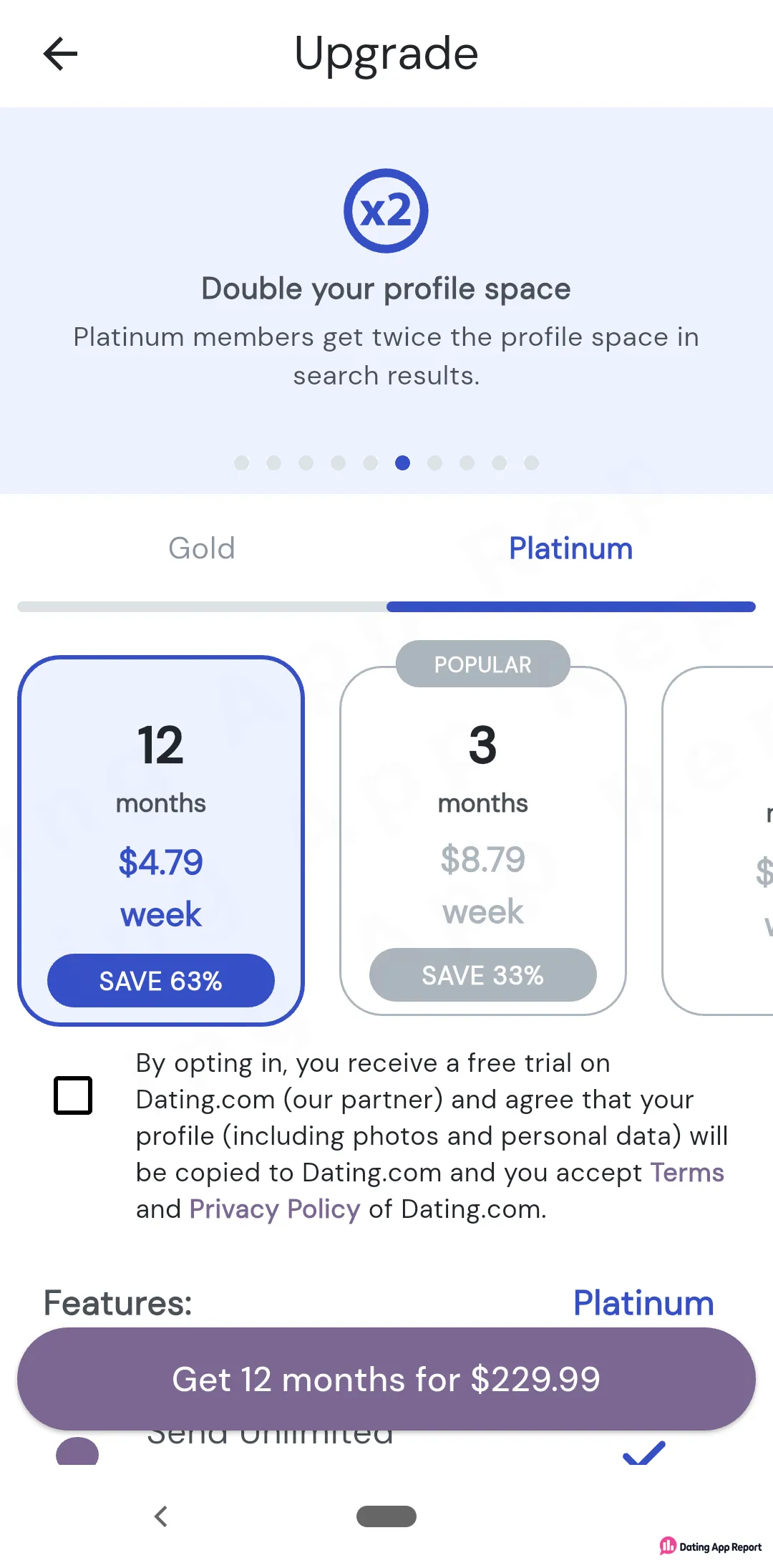 Platinum upgrade screen lists 12 months at $4.79/week ($229.99 total) and 3 months at $8.79/week, marked POPULAR.