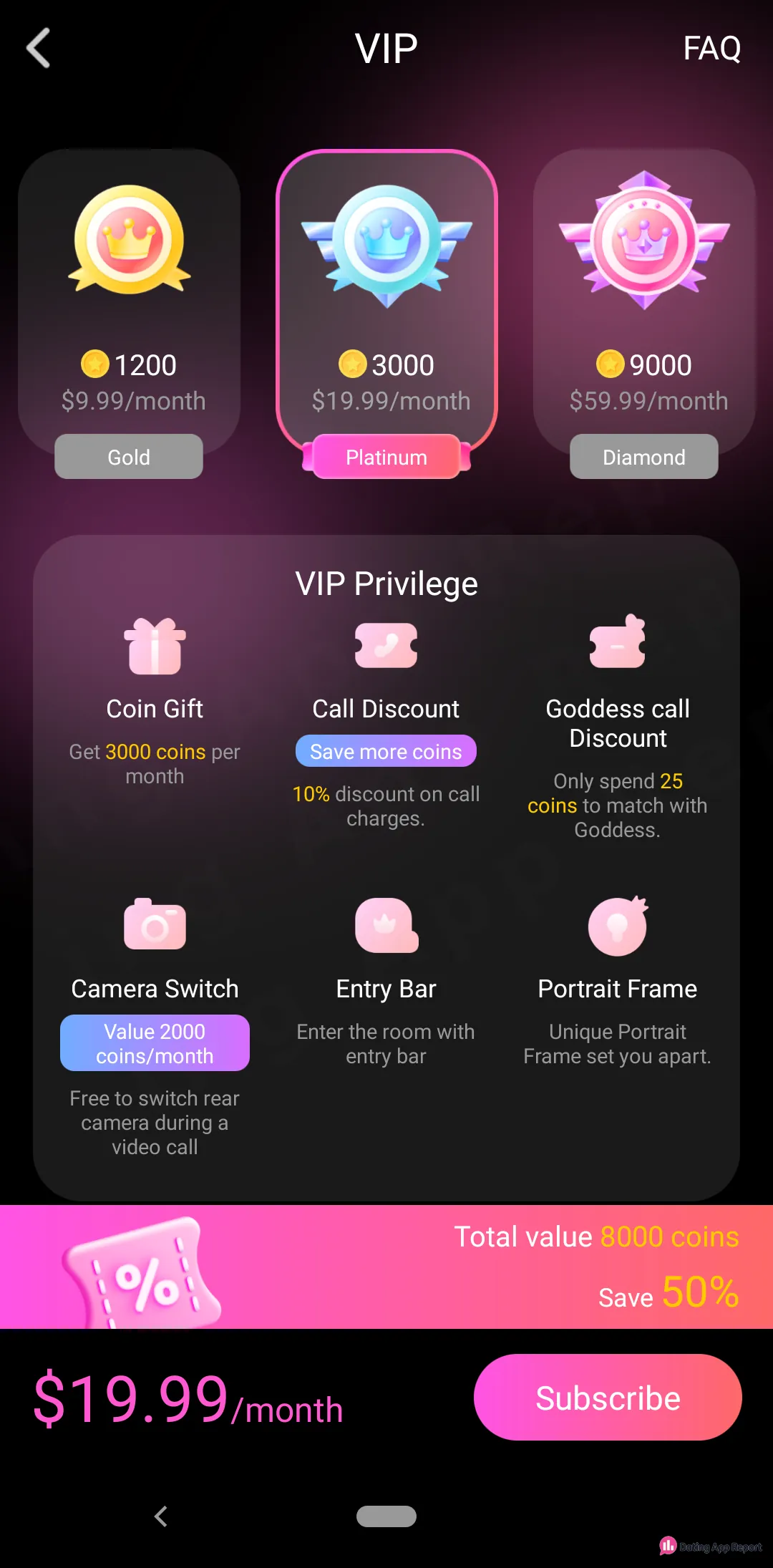 iYeah VIP screen listing Gold $9.99, Platinum $19.99 (preselected) and Diamond $59.99 monthly plans with coin amounts.