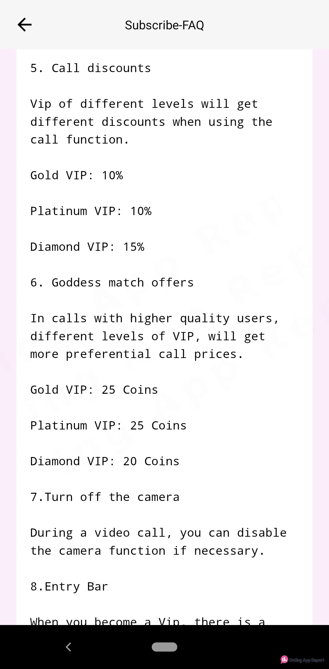 VIP call discounts are 10%, 10% and 15%; "Goddess match" calls cost 25, 25 and 20 coins by tier.