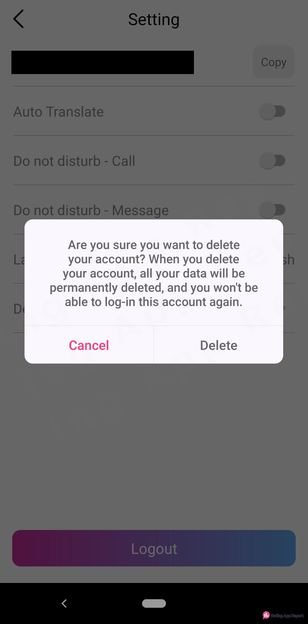 Account deletion pop-up warns all data is permanently deleted and you can't log in again, with Cancel and Delete buttons.