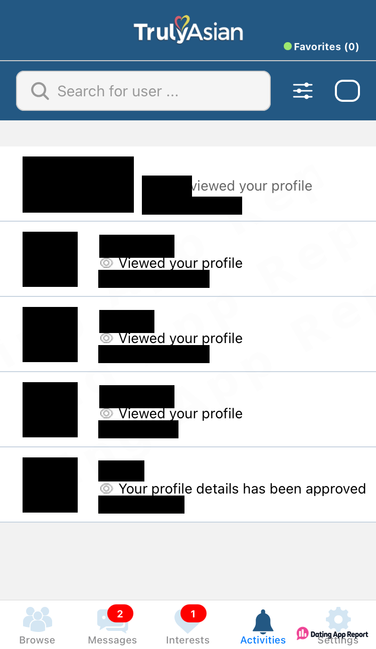 Activities feed lists four profile views and a profile-approval notice; names and photos are redacted.