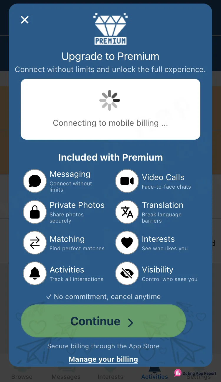 Premium upgrade screen from the Activities tab lists paid features, but prices haven't loaded ("Connecting to mobile billing").