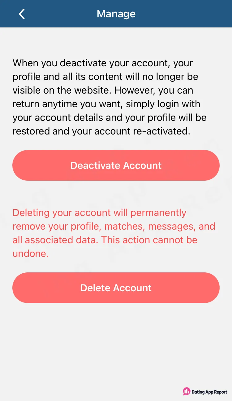 The Manage screen offers Deactivate Account, which hides your profile, and Delete Account, which permanently removes your data.