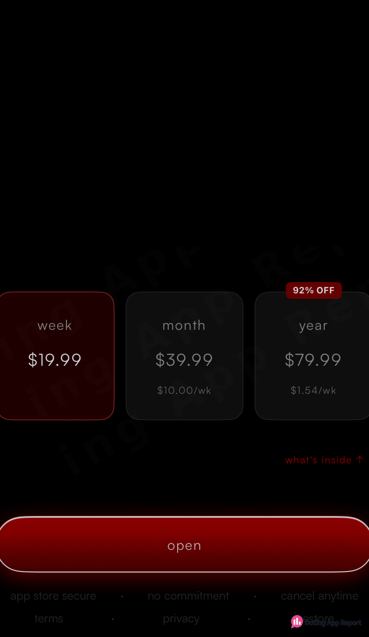 Paywall lists weekly $19.99, monthly $39.99 and yearly $79.99 plans, with the weekly plan selected.