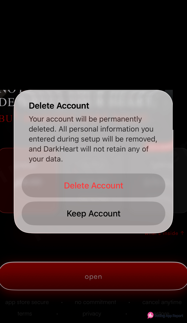 A Delete Account dialog over the paywall says your account and setup information will be permanently removed.