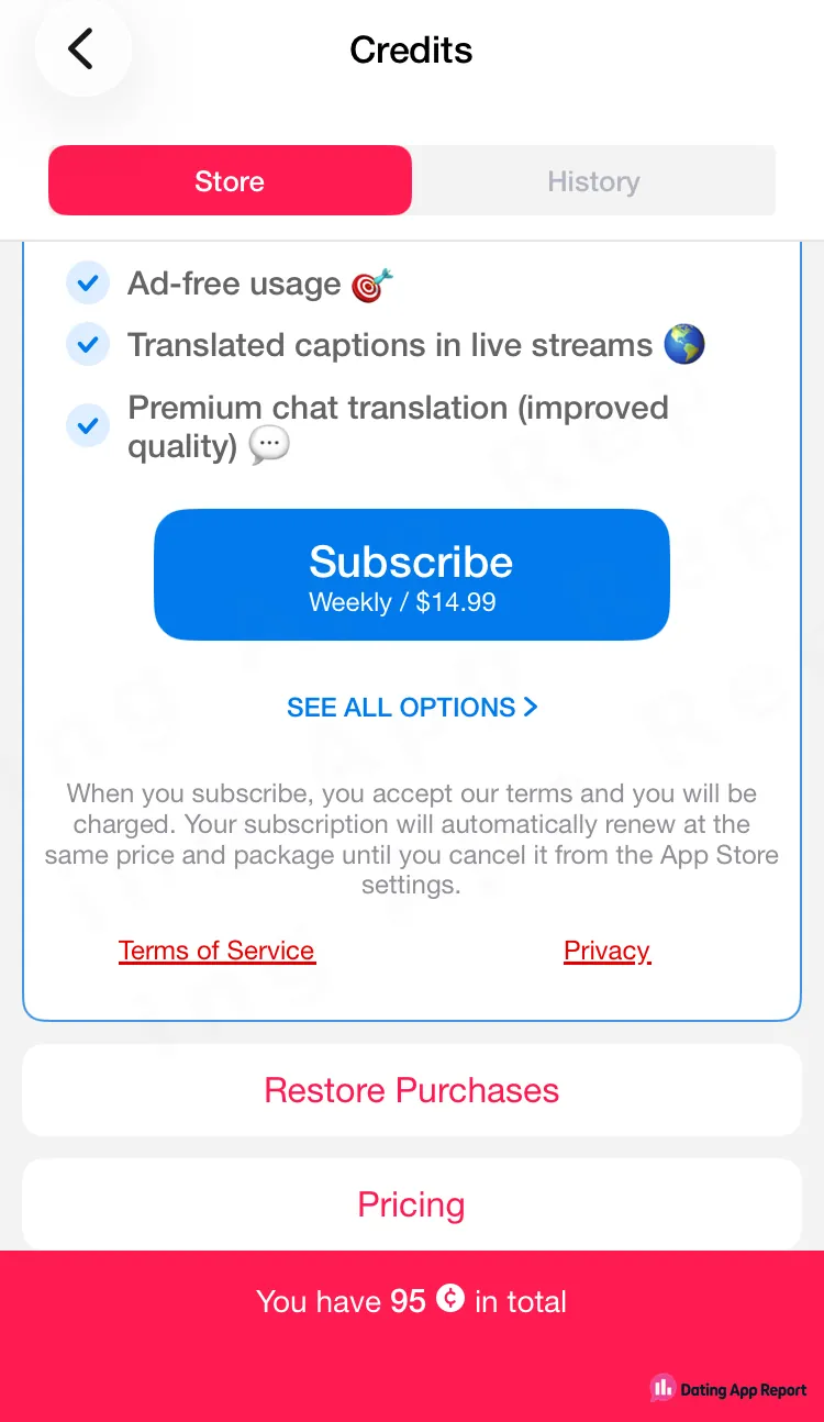 The Credits store offers a $14.99 weekly subscription that renews automatically until you cancel it in App Store settings.