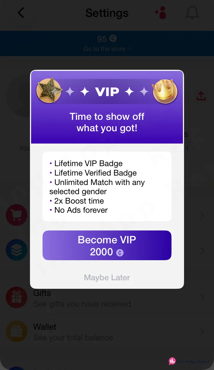VIP pop-up over Settings costs 2,000 credits for lifetime badges, unlimited matching, 2x boost time and no ads.