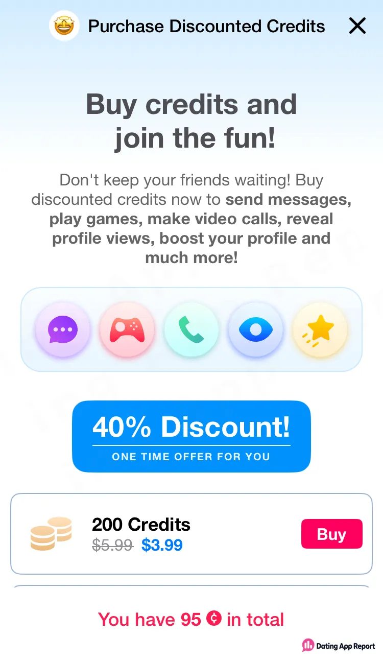 A "40% Discount! One time offer for you" credit sheet lists 200 credits for $3.99, marked down from $5.99.