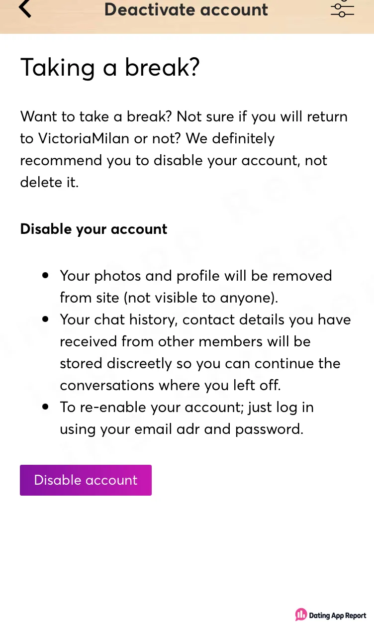 The deactivation screen says disabling the account makes its photos and profile invisible to others.
