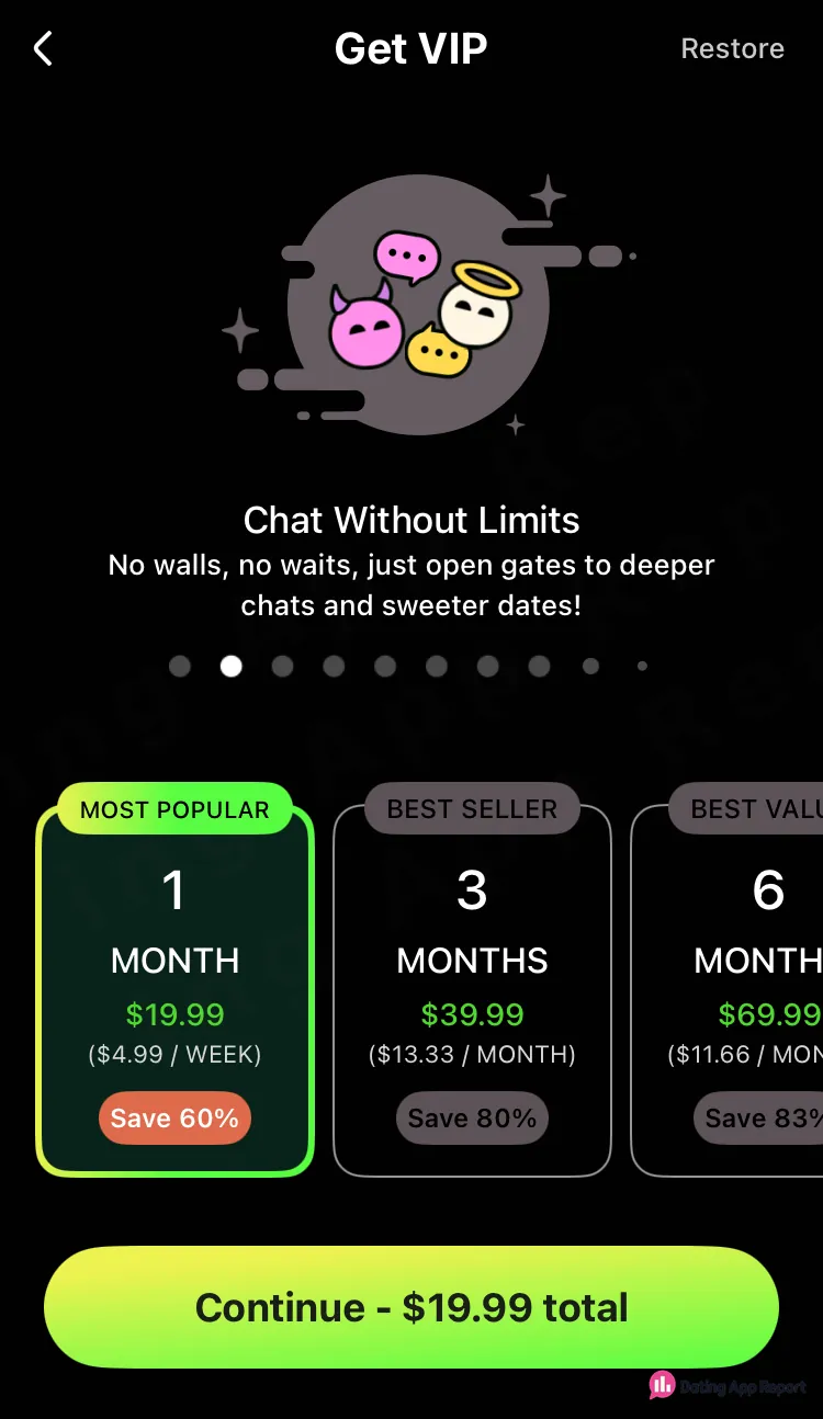 The Get VIP screen lists 1-, 3- and 6-month plans at $19.99, $39.99 and $69.99, with the 1-month plan selected.