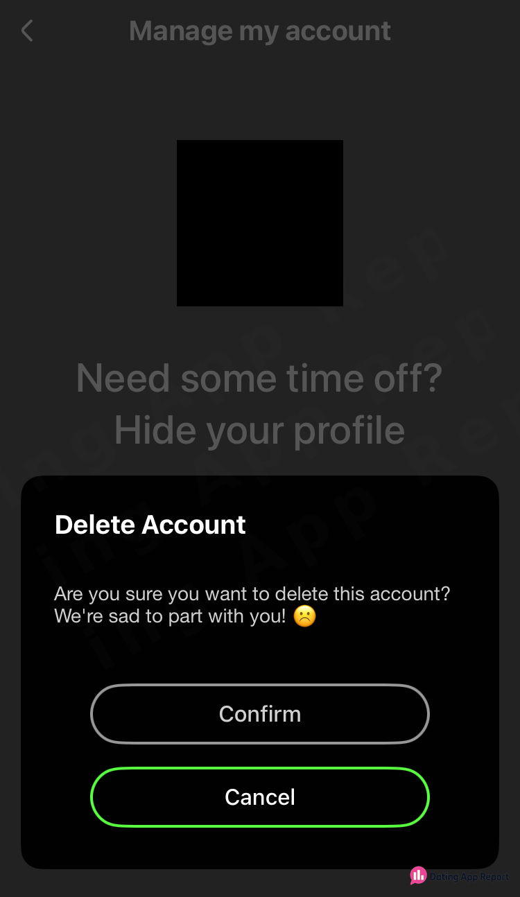 A Delete Account pop-up asks "Are you sure you want to delete this account?" over a "Hide your profile" offer.