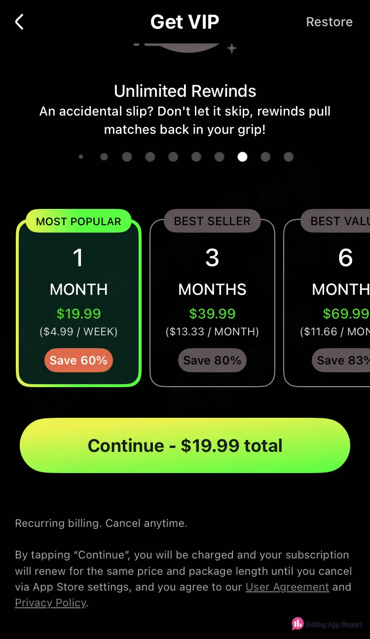 Get VIP screen lists 1-month $19.99, 3-month $39.99 and 6-month $69.99 plans, all renewing automatically until canceled.