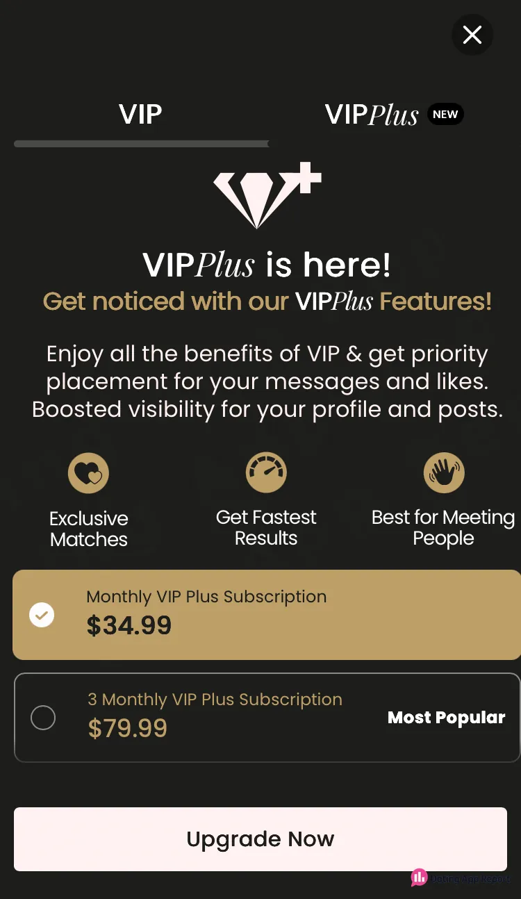 VIPPlus upgrade screen lists a monthly plan at $34.99, selected, and a 3-month plan at $79.99 marked "Most Popular."