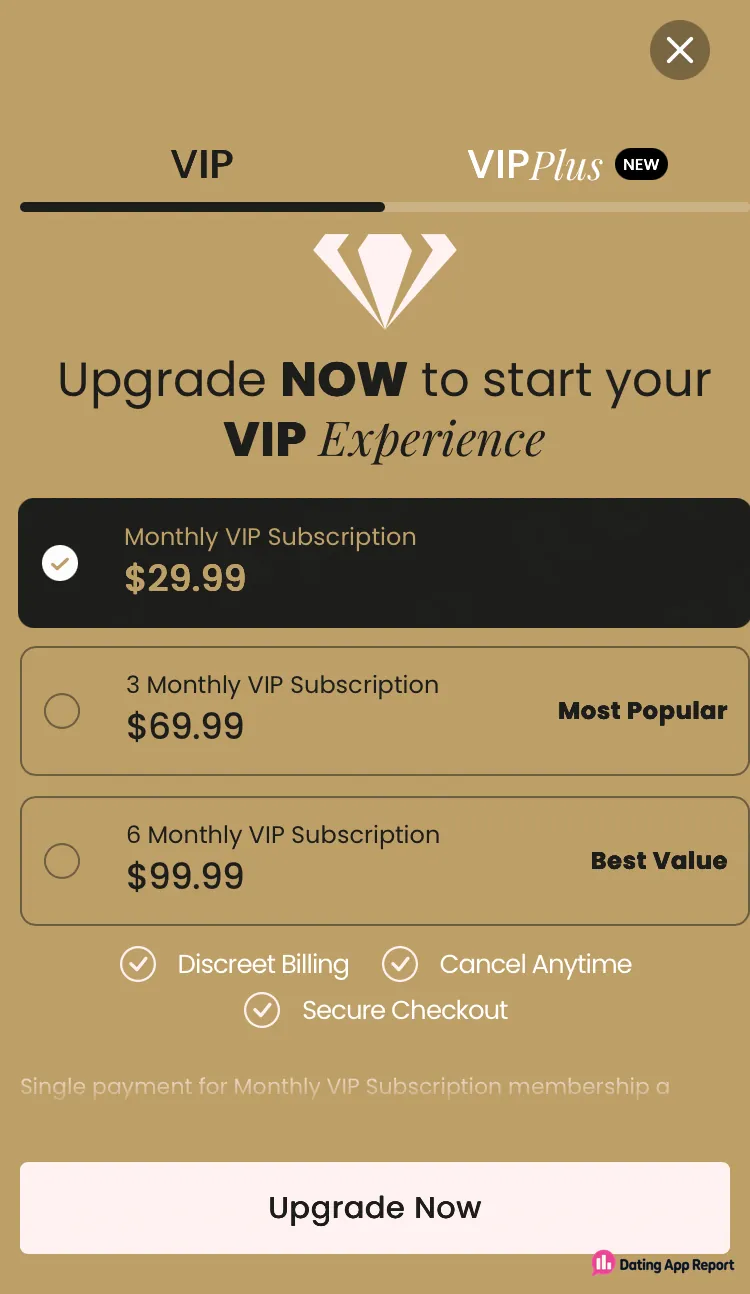 The VIP tab lists monthly ($29.99), 3-month ($69.99) and 6-month ($99.99) plans; monthly is preselected. A VIPPlus tab also appears.