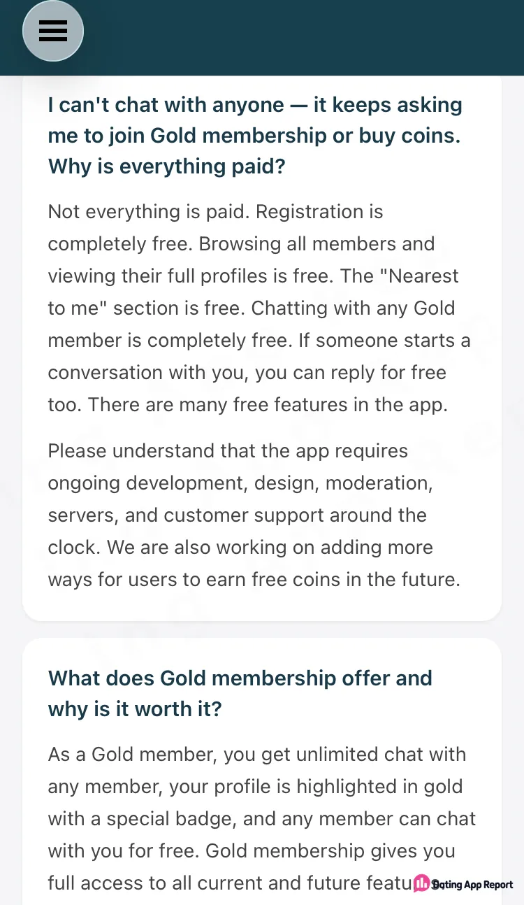 In-app FAQ says registration, browsing and full profiles are free; chatting needs Gold or coins unless they write first.