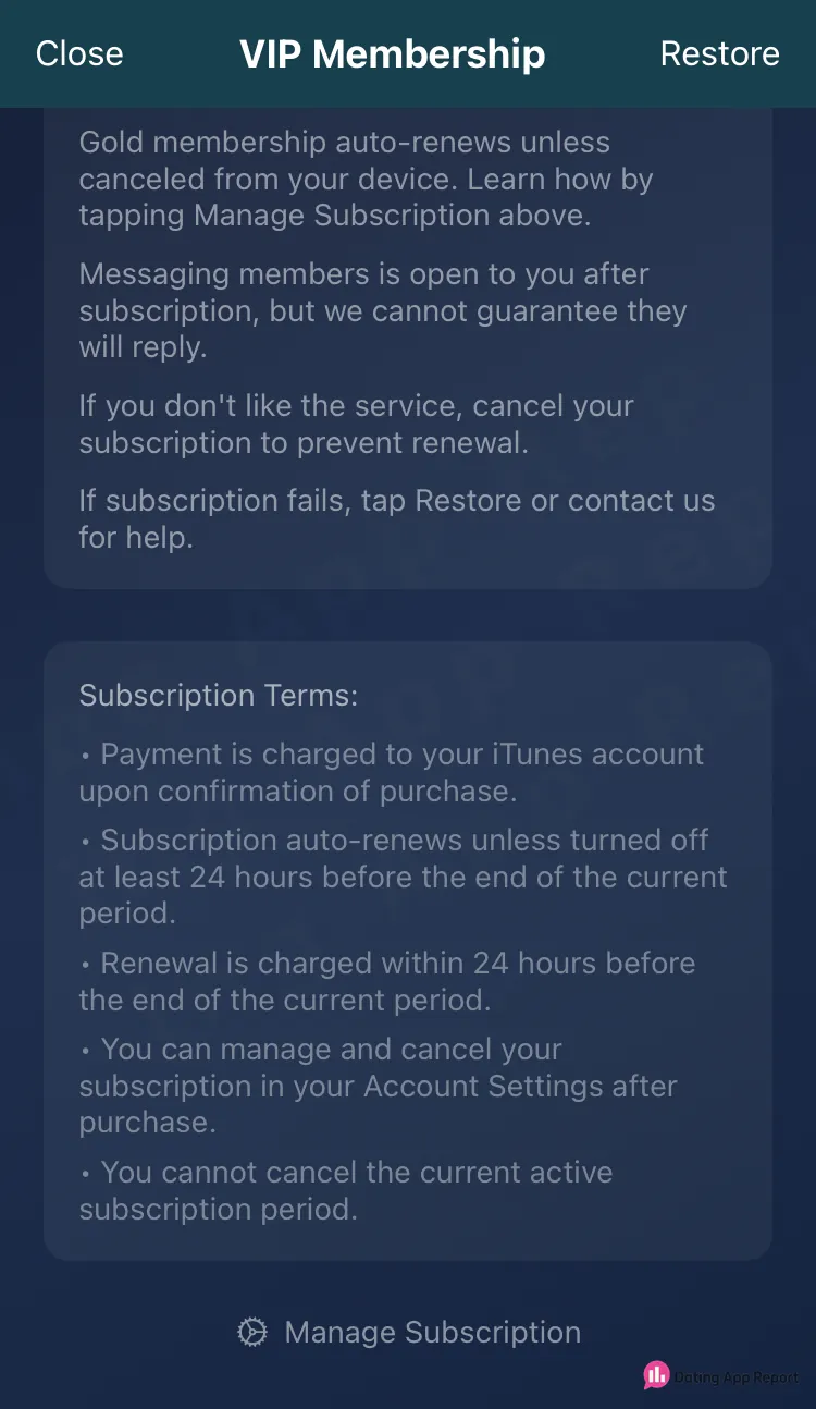 VIP Membership terms say plans auto-renew, replies aren't guaranteed, and you can't cancel the current active period.