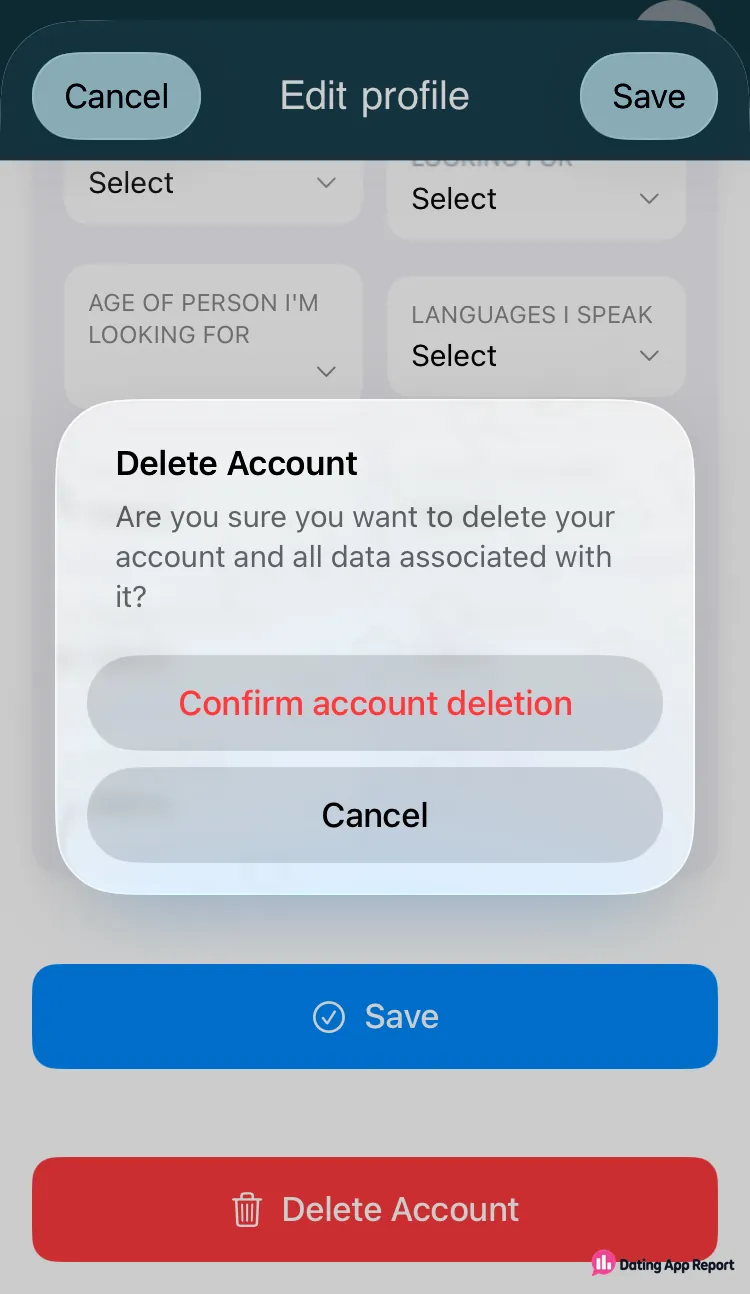 A Delete Account pop-up on the Edit Profile page asks if you want to delete your account and all data.