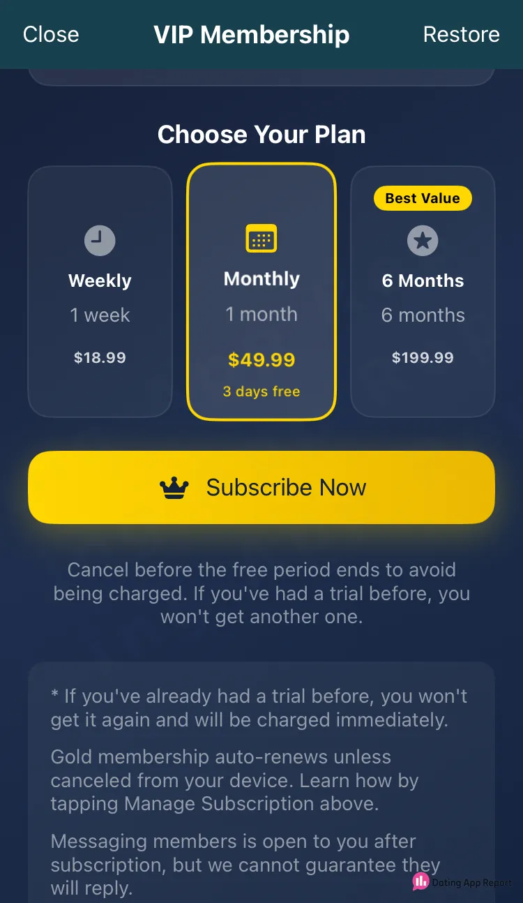 VIP plans cost $18.99 a week, $49.99 a month with 3 days free (preselected), or $199.99 for six months.