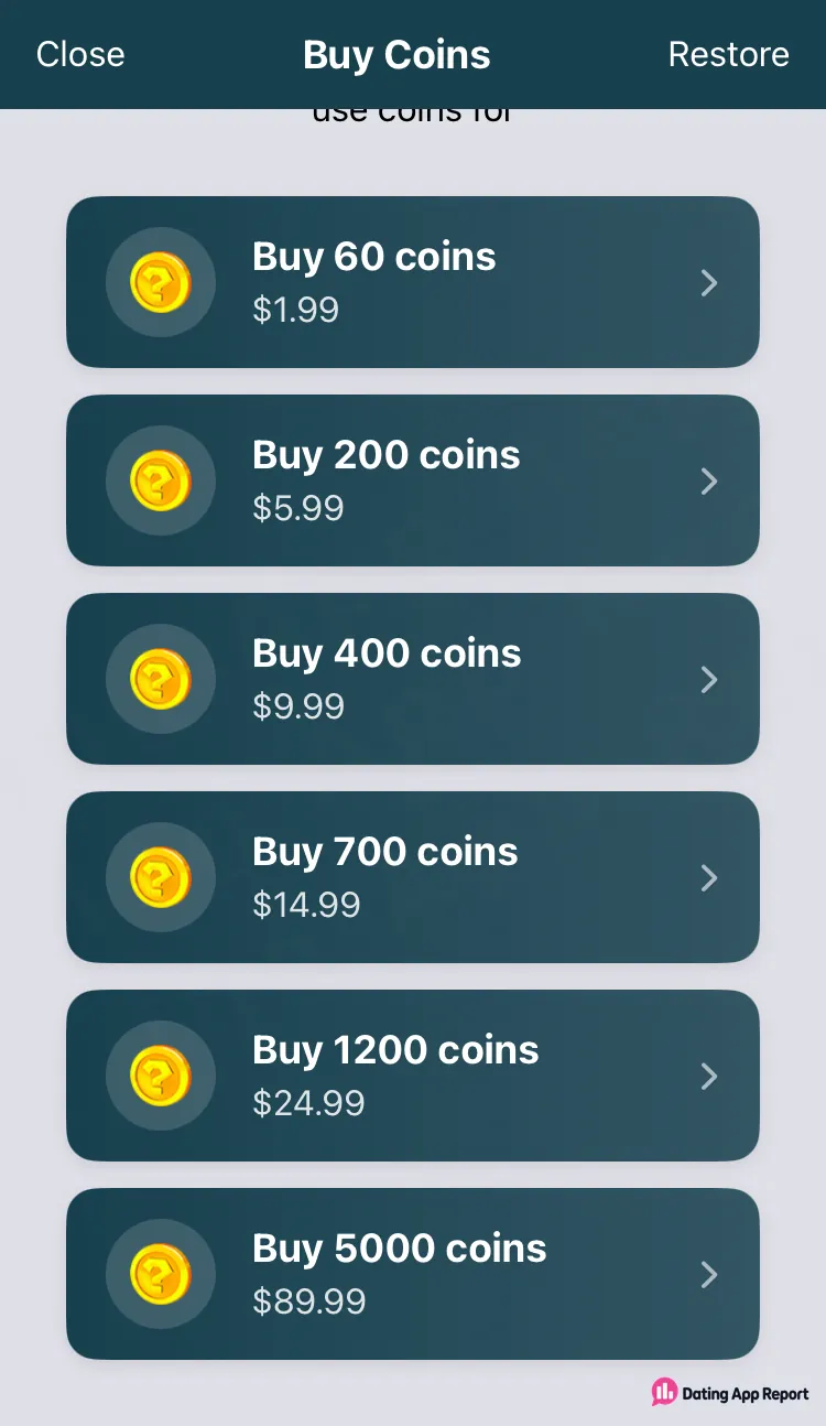 The Buy Coins screen lists six coin packs, from 60 coins for $1.99 to 5,000 coins for $89.99.