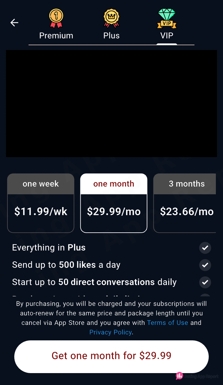 VIP plan tab lists $11.99 a week, $29.99 a month, or $23.66 a month for 3 months, with auto-renewal terms.