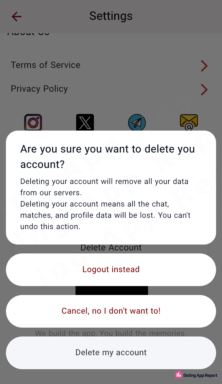 Delete-account prompt over Settings warns chats, matches and profile data are lost, offering logout, cancel, or delete.