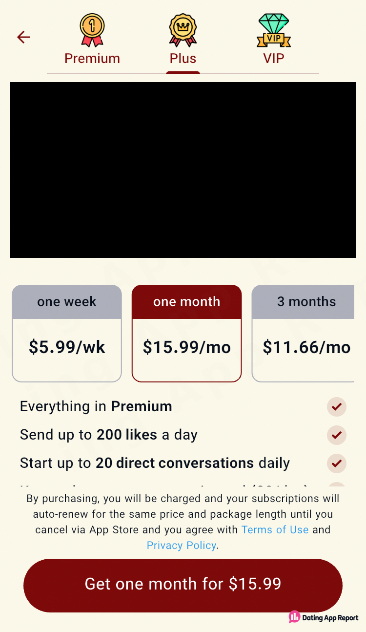 Plus tab selects one month at $15.99; one week costs $5.99, 3 months $11.66/mo. Lists 200 daily likes and auto-renewal.
