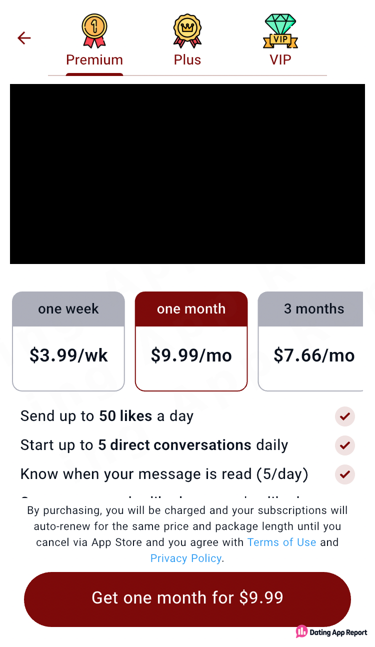 Premium plans cost $3.99 weekly, $9.99 monthly, or $7.66 monthly for 3 months, with daily caps and auto-renewal terms.