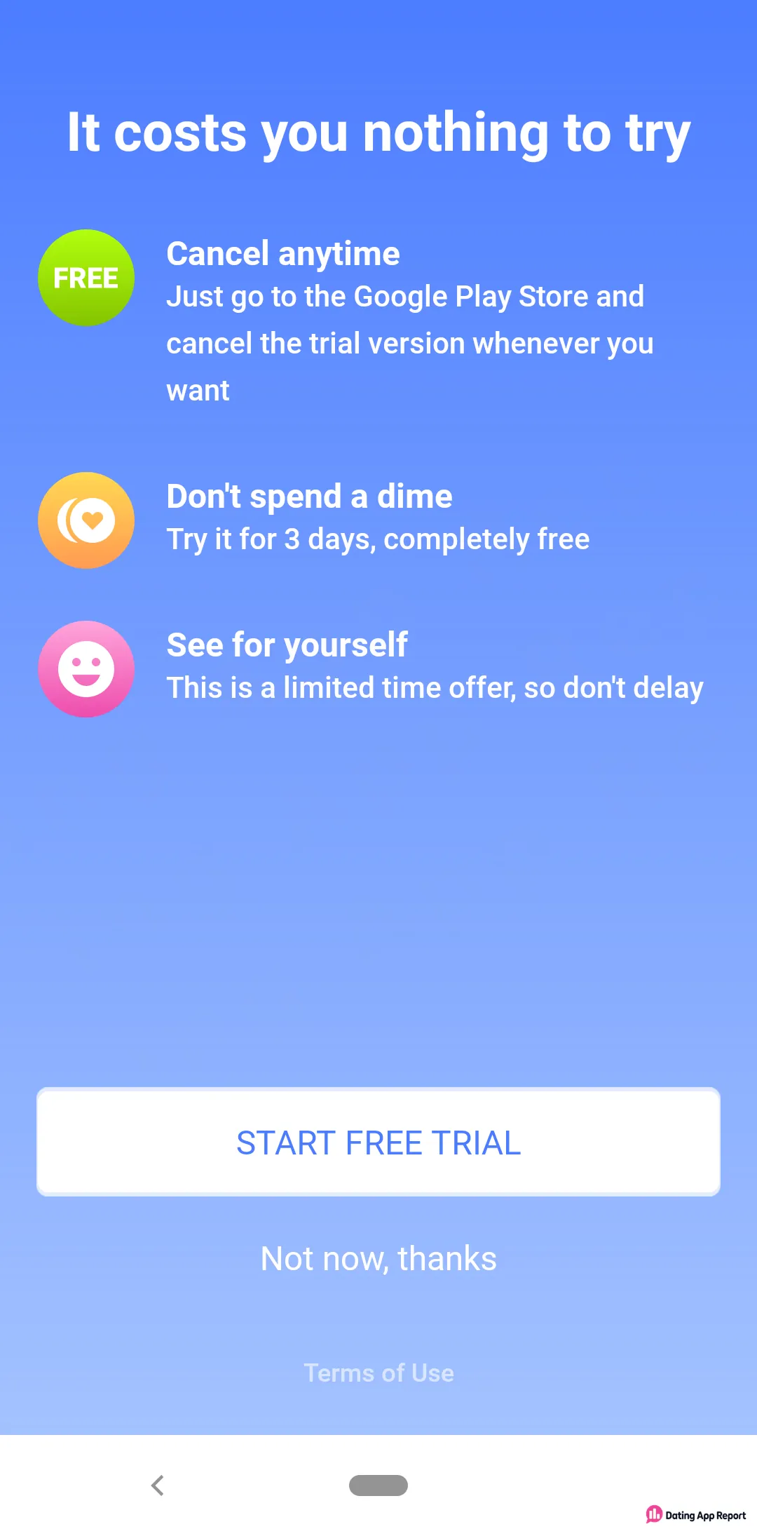 A free-trial offer promises 3 free days, canceling anytime in Google Play, and says the offer is limited-time.