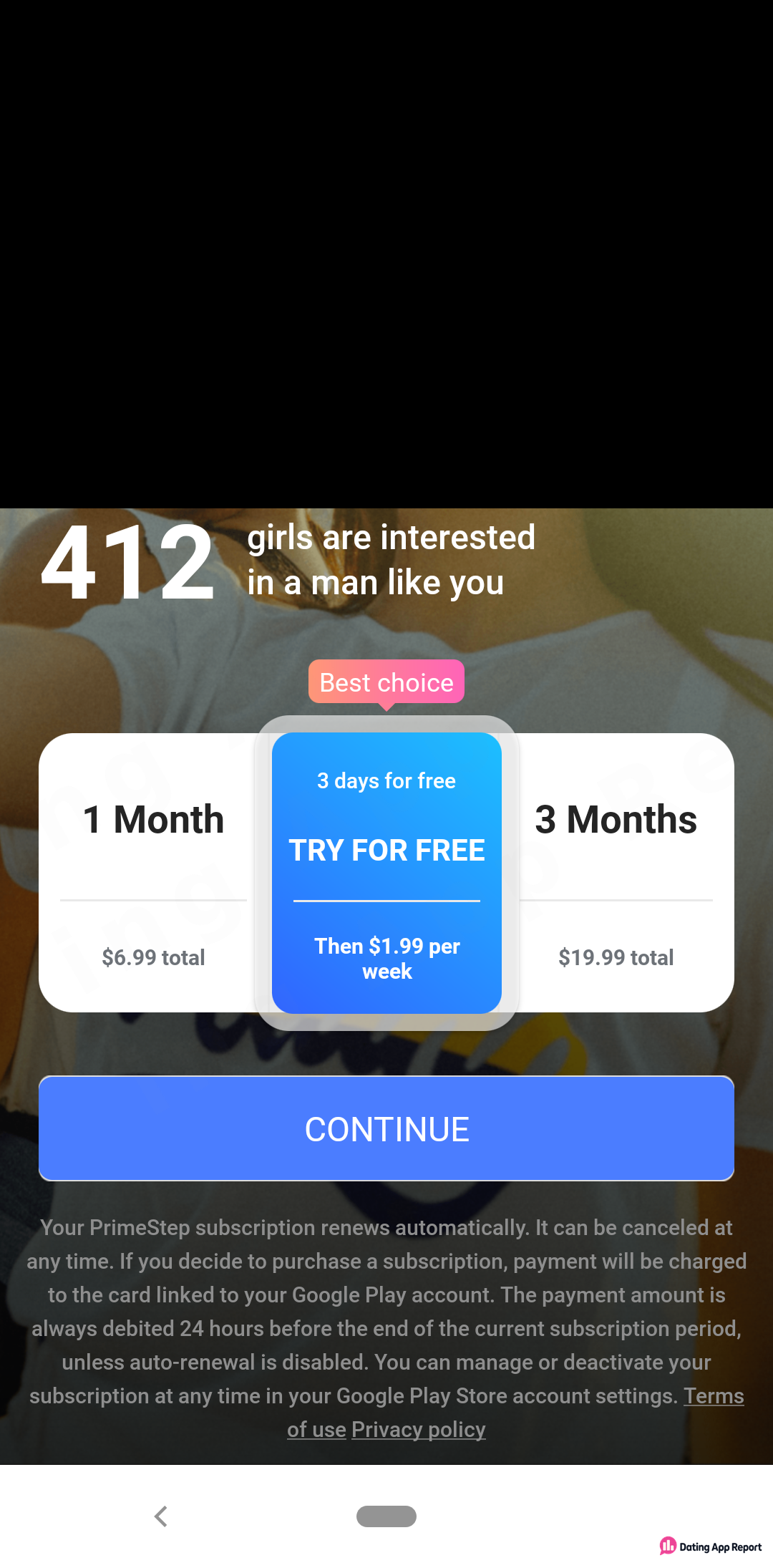 PrimeStep paywall lists 1 Month $6.99, 3 Months $19.99, and a 3-day free trial, then $1.99 weekly.